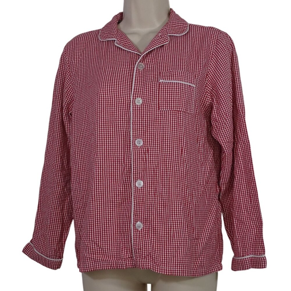 Petite Plume Red Gingham Pajama Top Women Size 12 Button Up Long Sleeves Pocket